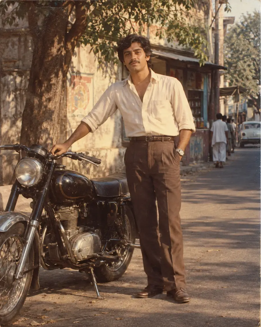 1980s Indian man beside a vintage motorcycle in warm afternoon light